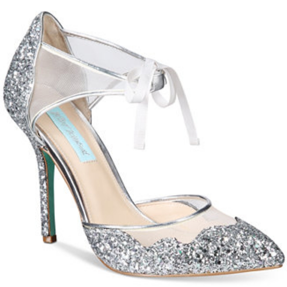 Betsey Johnson Sparkling Silver Heels and Matching Clutch
